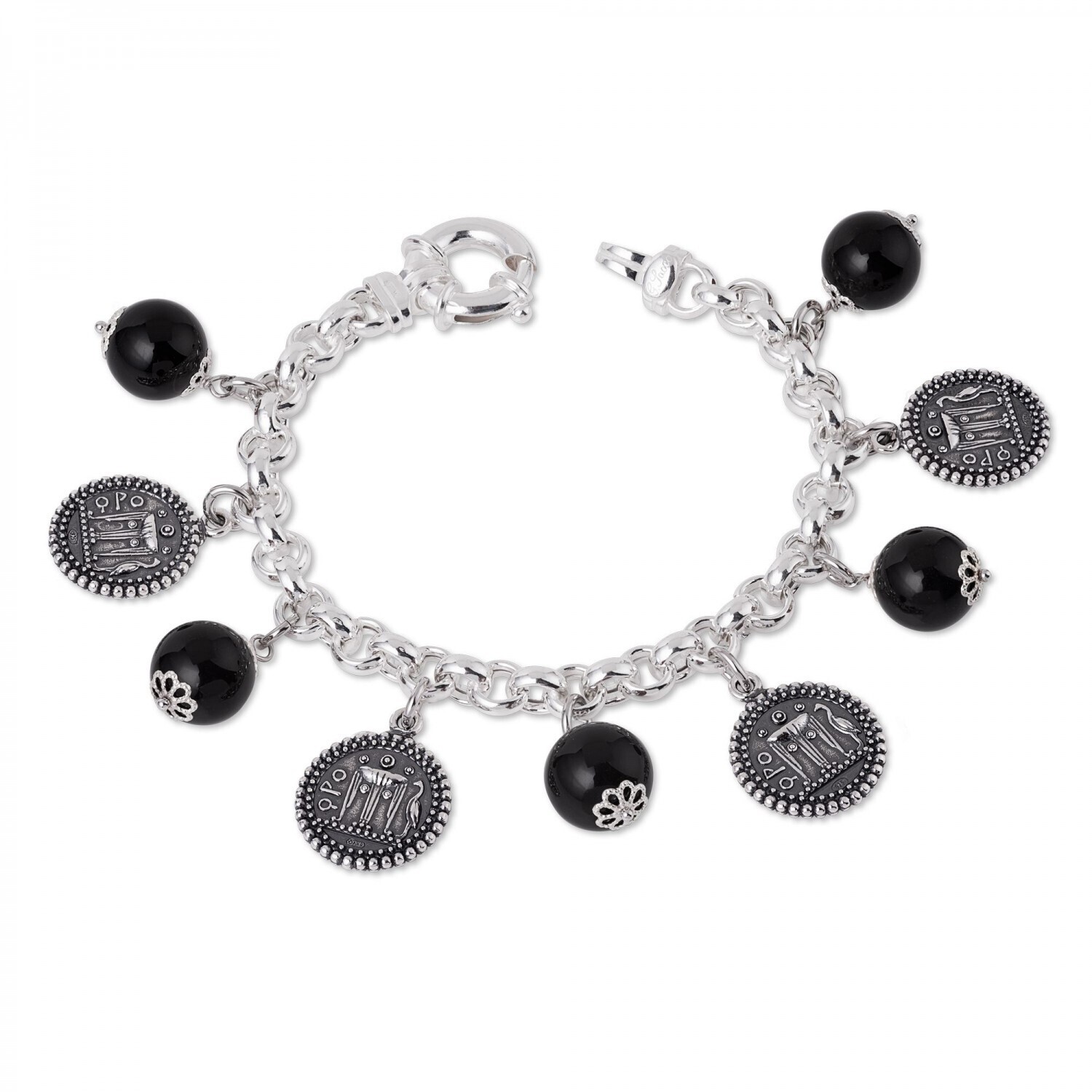 Bracciale in argento con pietre colorate nere e monete - Gerardo Sacco