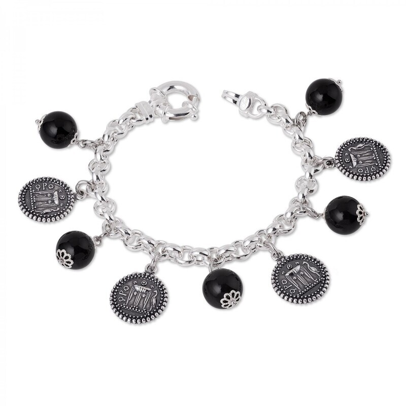 Bracciale in argento con pietre colorate nere e monete - Gerardo Sacco