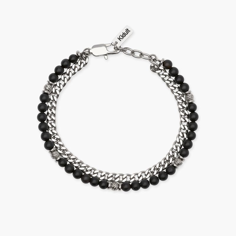 Bracciale uomo con catena groumette e catena con sfere diamantate e agata nera Kidult