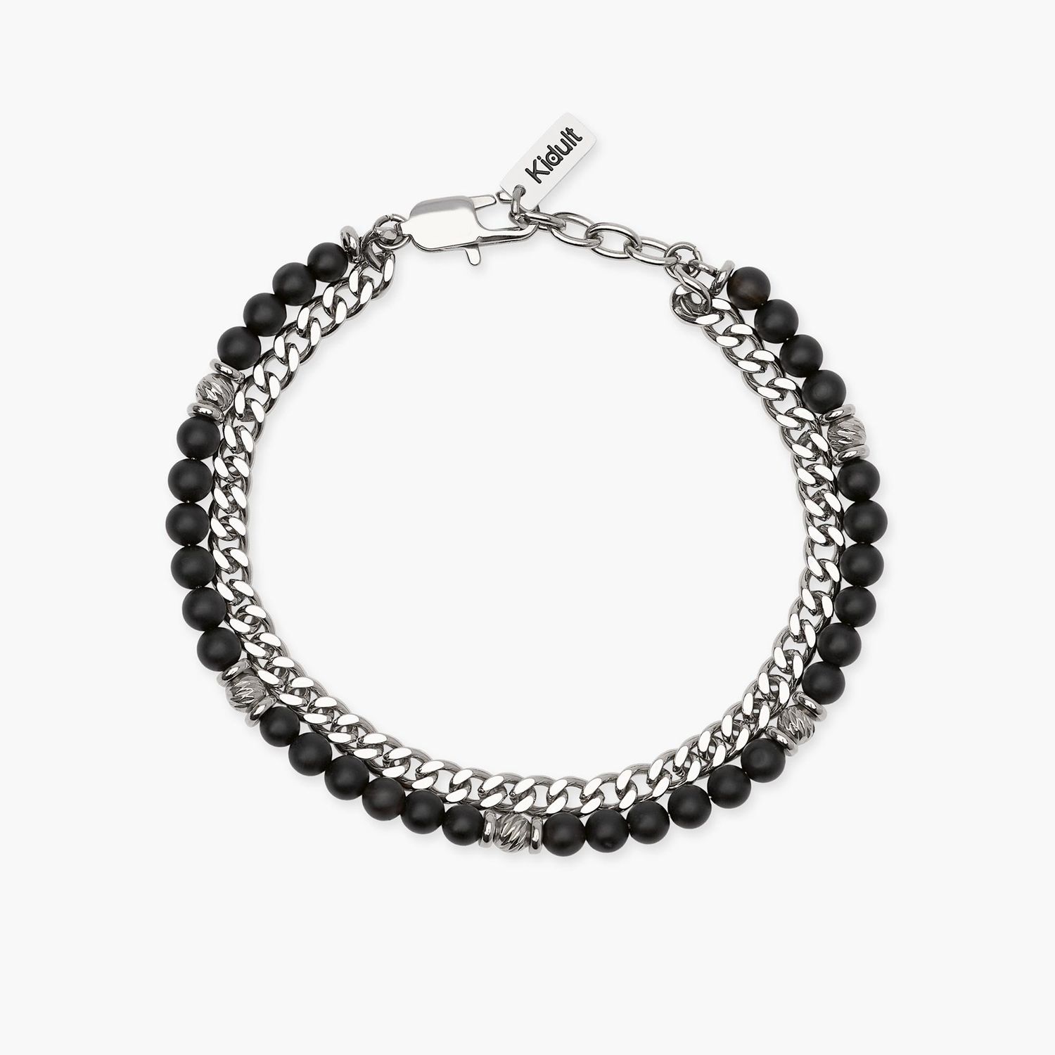 Bracciale uomo con catena groumette e catena con sfere diamantate e agata nera Kidult Bracciale uomo con catena groumette e catena con sfere diamantate e agata nera Kidult