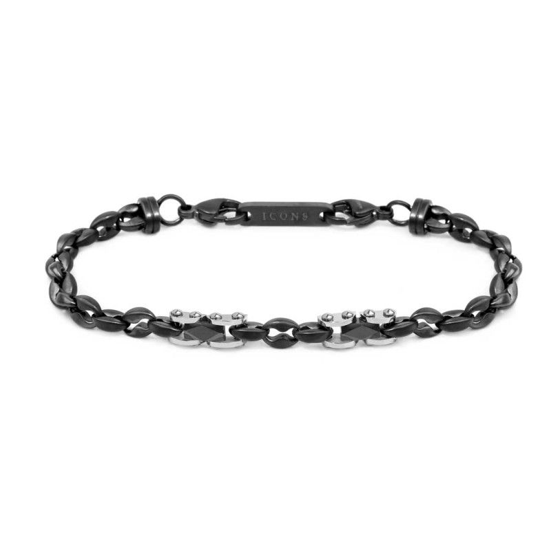 Bracciale catena marine con elementi in acciaio con ceramica sfaccettata nera lucida - Marlu'