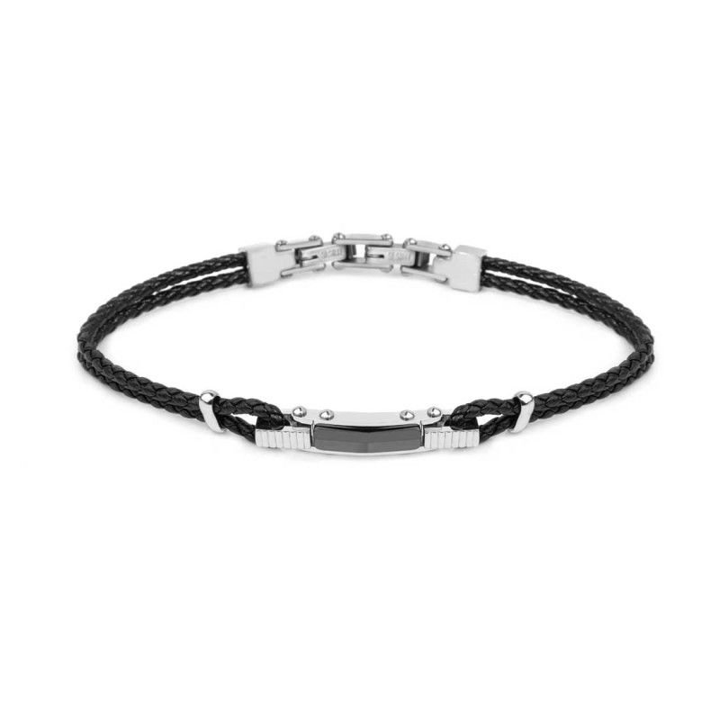 Bracciale pelle nera intrecciata elemento centrale ceramica sfaccettata nera lucida - Marlu'