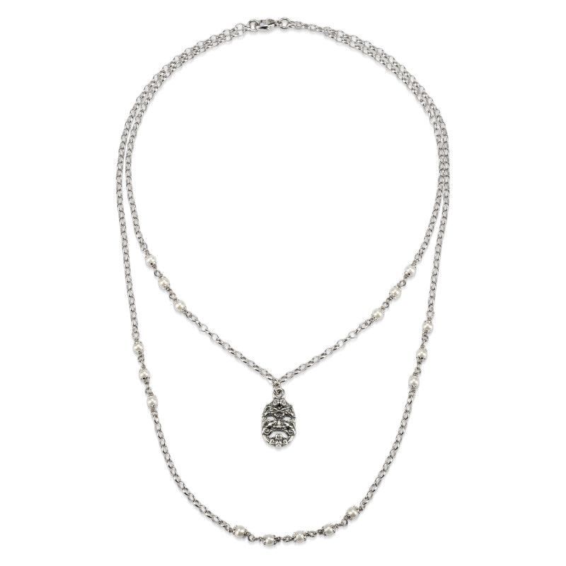 Collana doppio filo argento brunito con Maschera e perle  - Gerardo Sacco