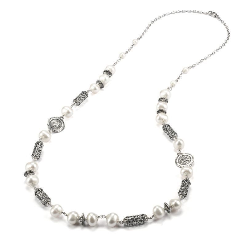 Collana lunga argento brunito con simboli Magna Grecia e perle - Gerardo Sacco