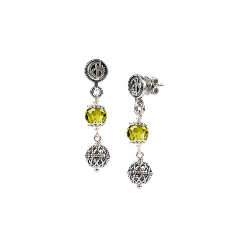 Orecchini pendenti argento brunito con zirconia verde sfaccettata - Gerardo Sacco