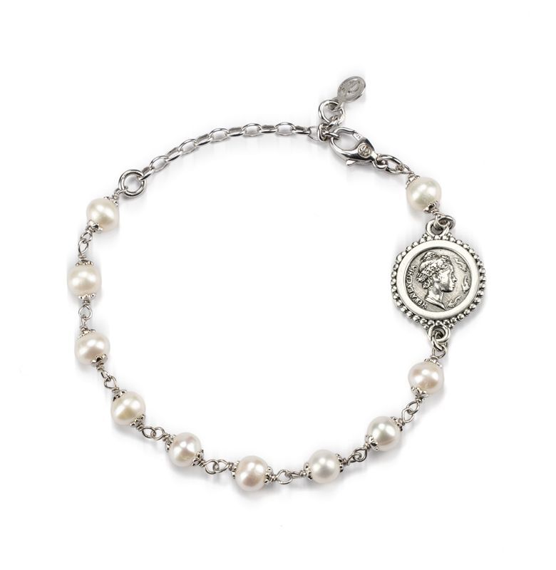 Bracciale argento brunito con filo di perle e moneta - Gerardo Sacco