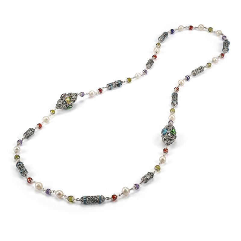 Collana lunga argento brunito con perle e zirconia multicolor - Gerardo Sacco