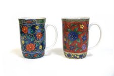 Oriental Bazaar Japanese Ceramic Mugs Set.  Blue/Red Flowers Decoration