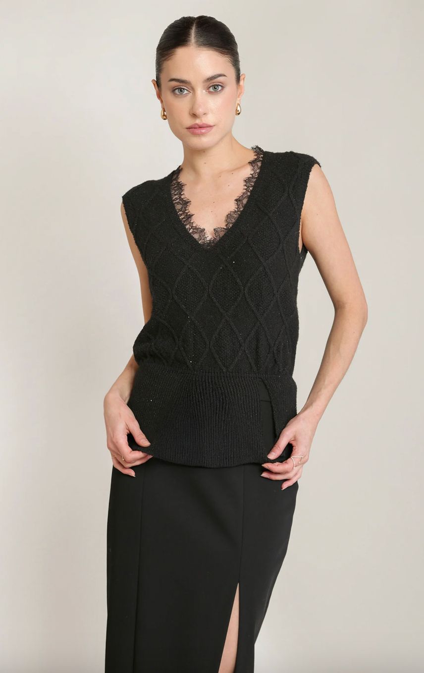 Lace Neckline Shimmer Sweater Top