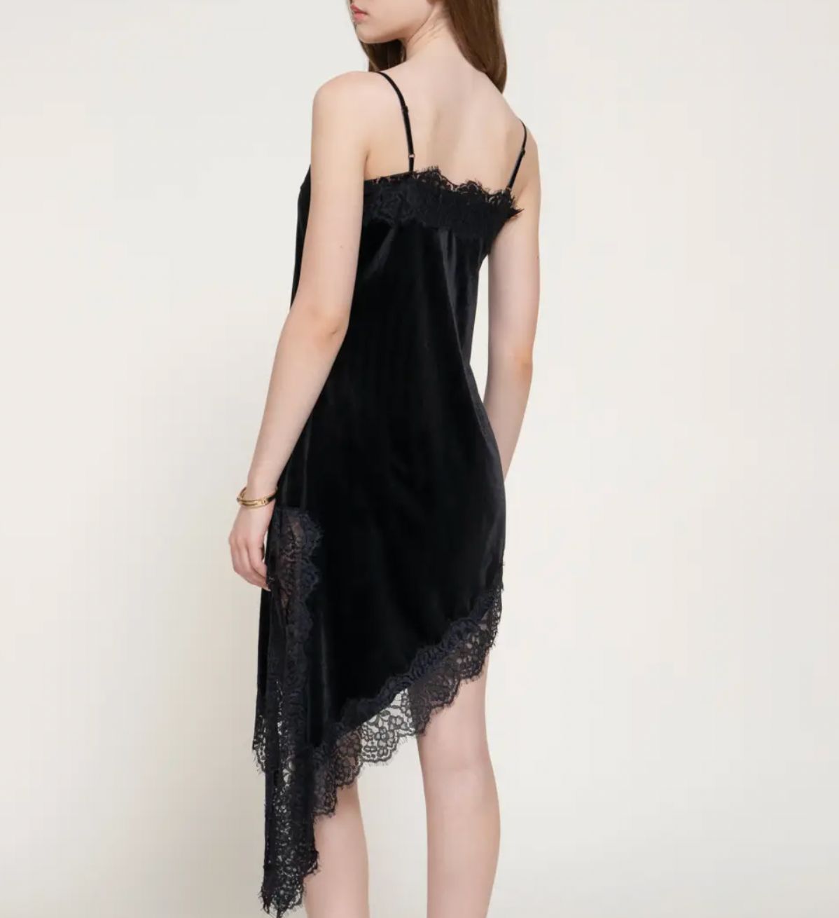 Straight Neck Lace Trim Asymmetrical Velvet Mini Dress
