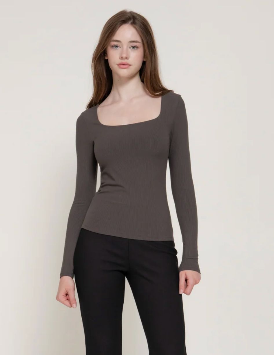 Long Sleeve Square Neck Ribbed