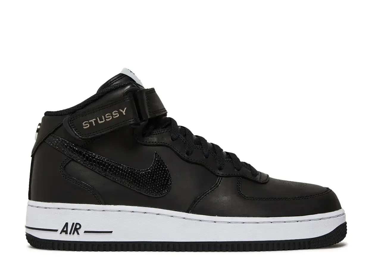 Nike Air Force 1 Mid Stussy Black White Size 11, DS BRAND NEW DAMAGED LID