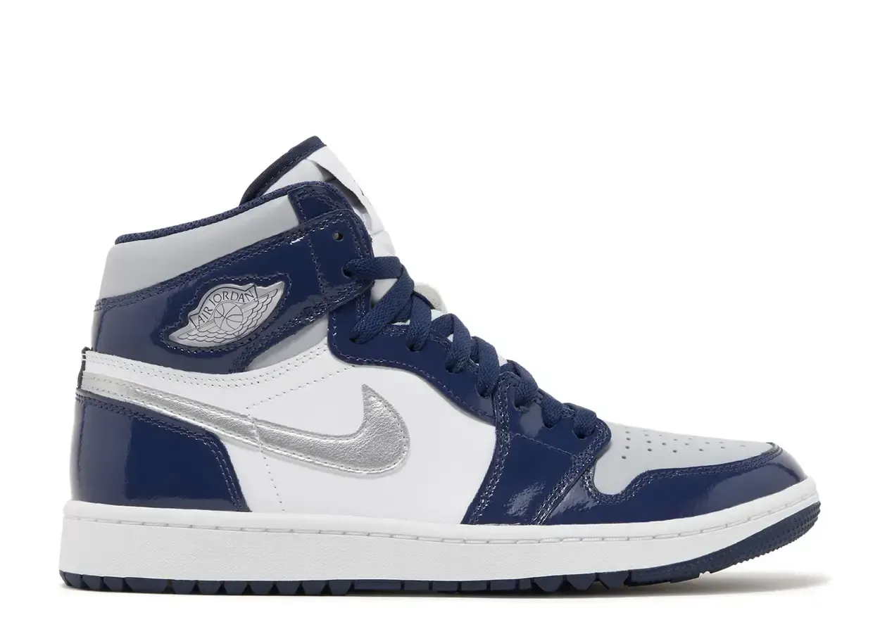 Jordan 1 Retro High Golf Patent Midnight Navy Size 11.5, DS BRAND NEW DAMAGED LID*