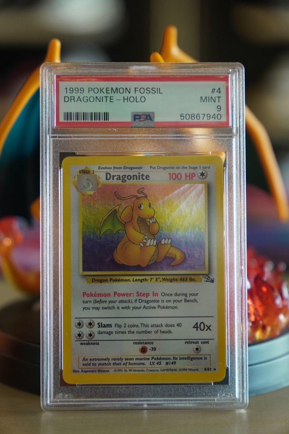 1999 Pokémon Fossil Dragonite Holo #4 PSA 9