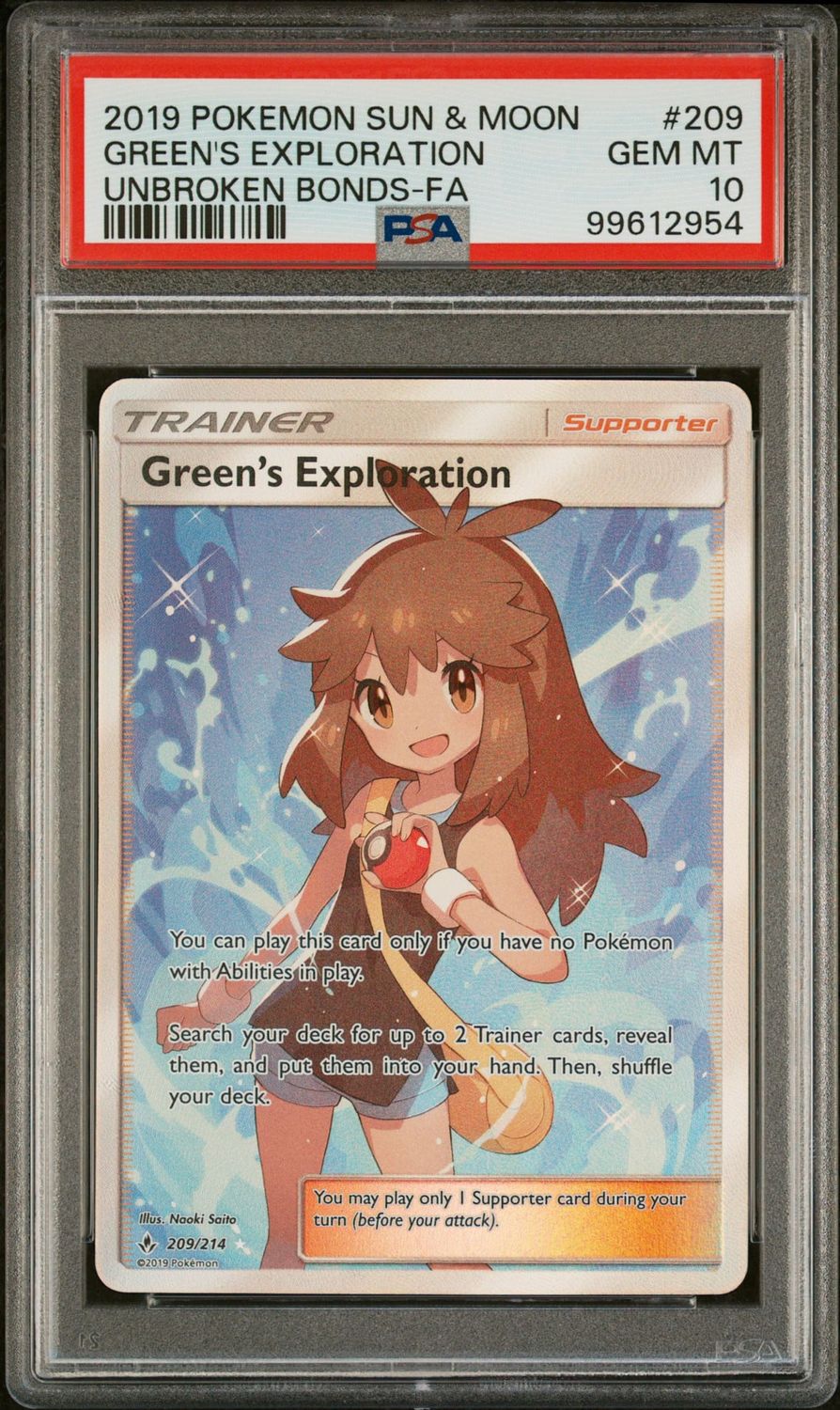 2019 Pokémon Unbroken Bonds Green's Exploration Full Art #209 PSA 10