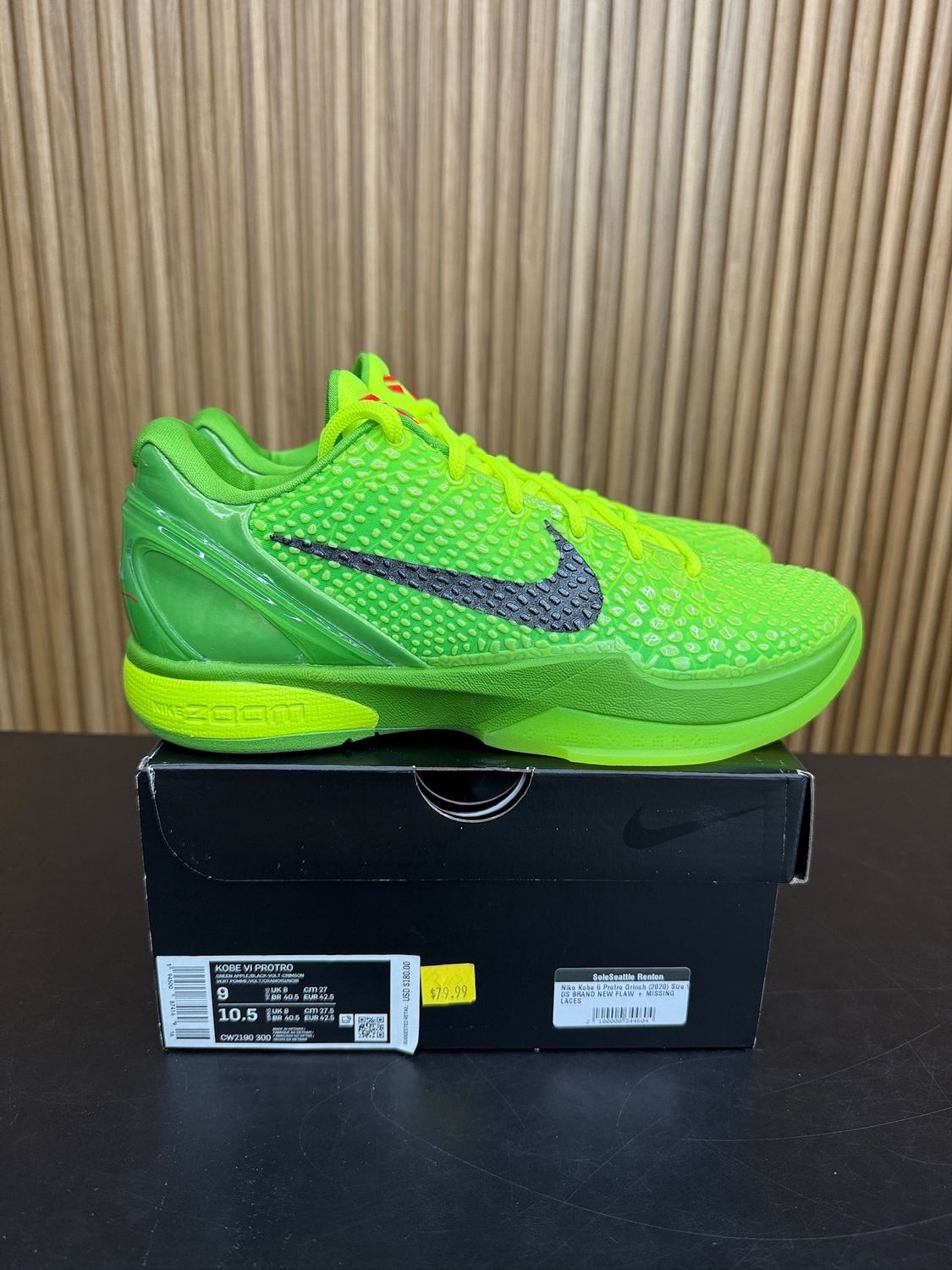 Nike Kobe 6 Protro Grinch (2020) Size 9, DS BRAND NEW FLAW + MISSING LACES