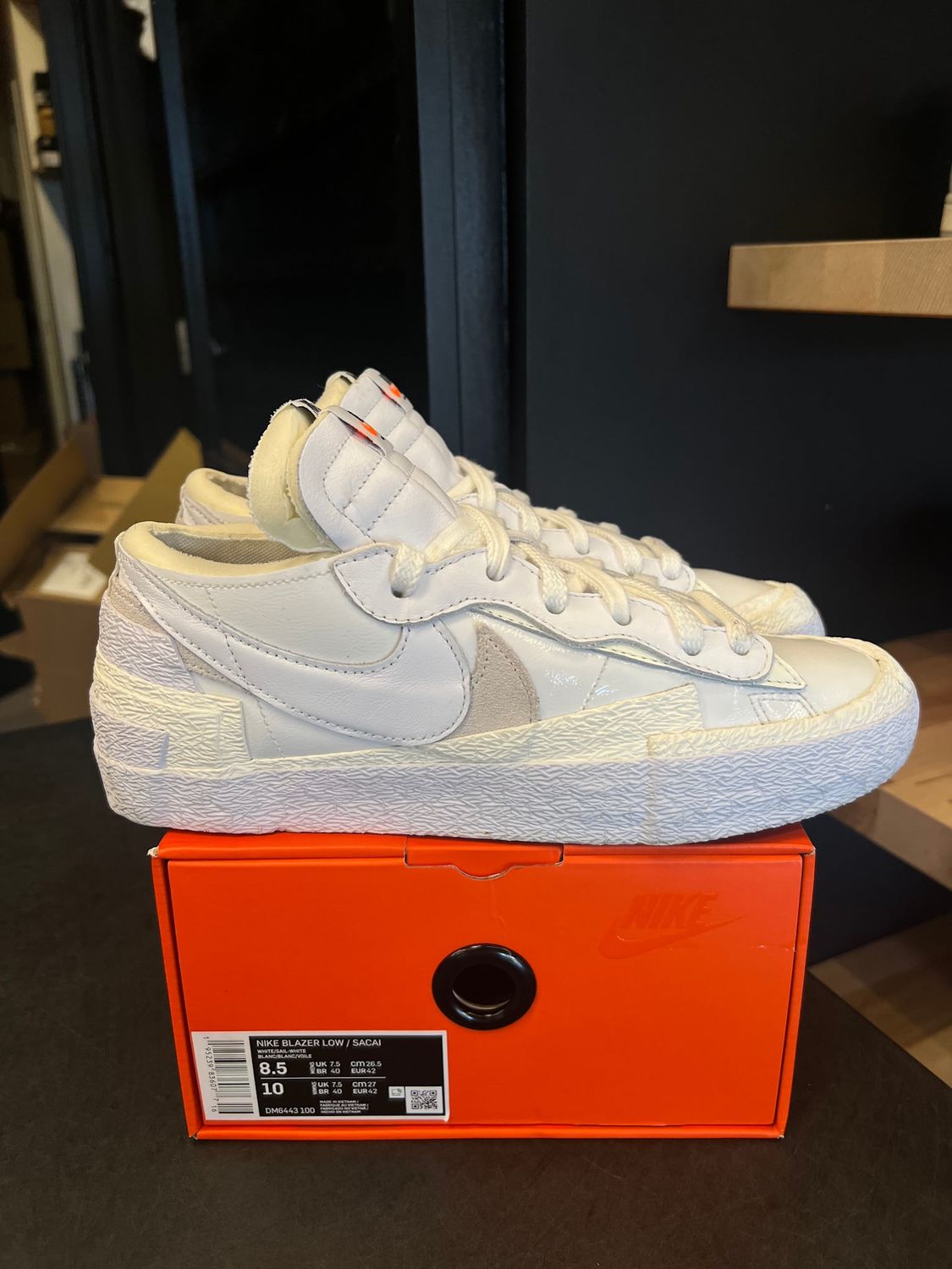 Nike Blazer Low sacai White Patent Leather Size 8.5, PREOWNED*