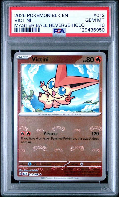 2025 Pokémon Black Bolt Victini Master Ball Reverse Holo #012 PSA 10