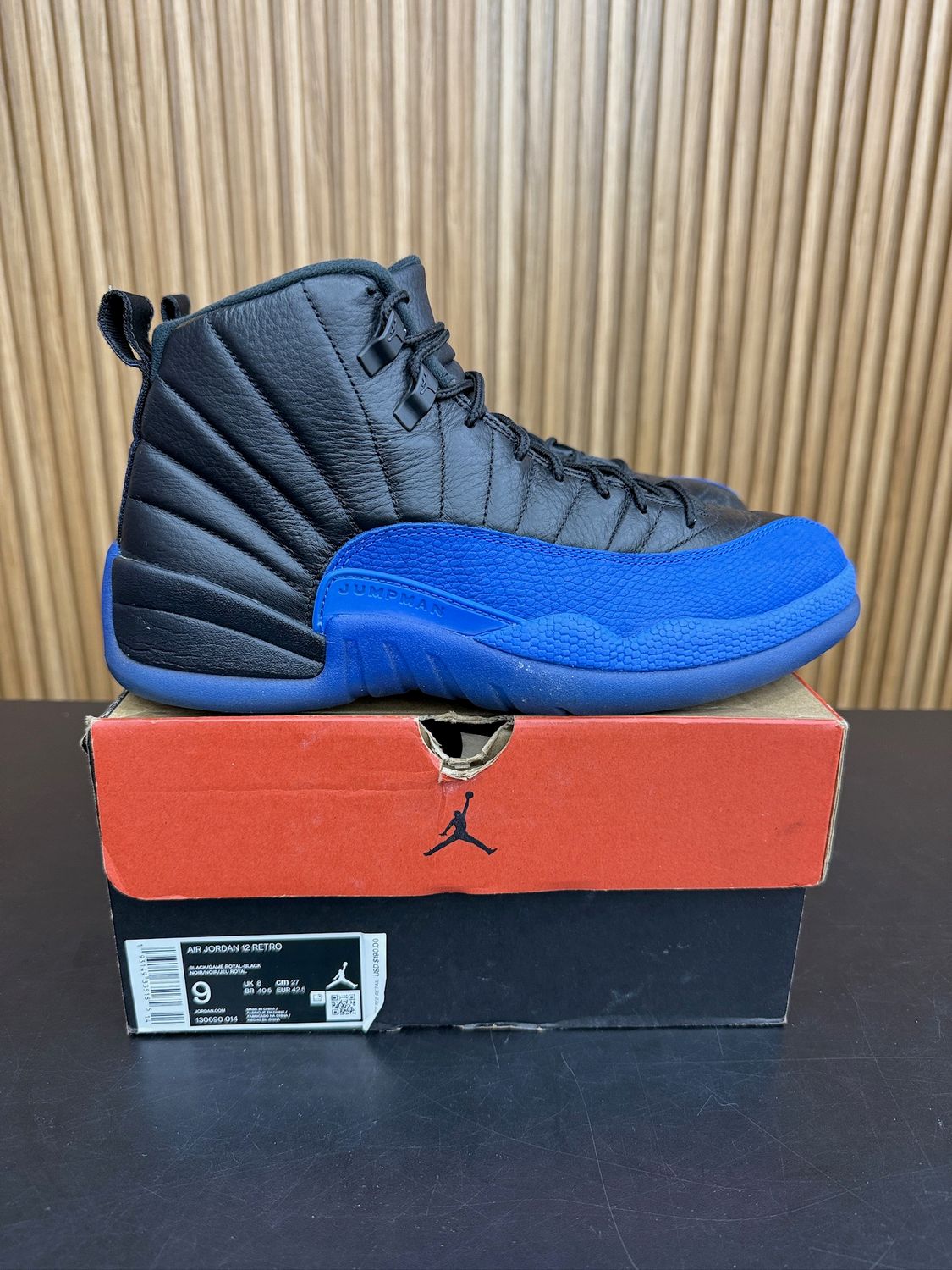 Jordan 12 Retro Black Game Royal Size 9, PREOWNED
