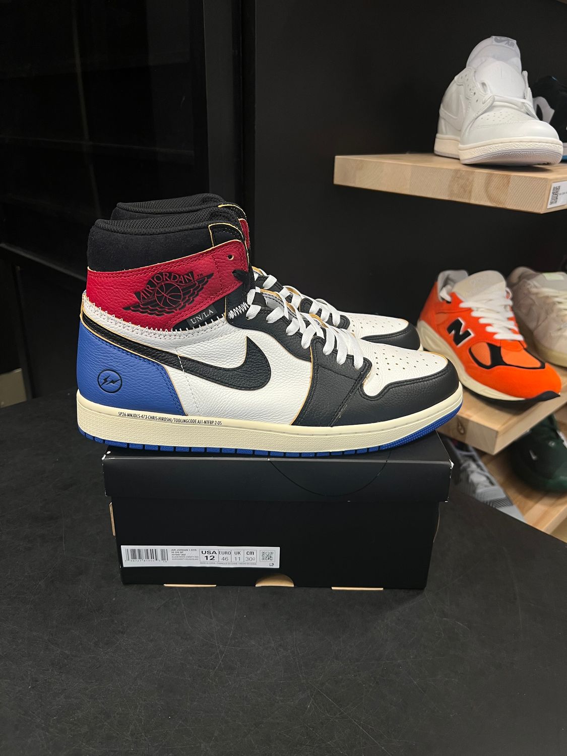 Jordan 1 Retro High OG SP Fragment x Union LA Varsity Red Sport Royal Size 12, PREOWNED