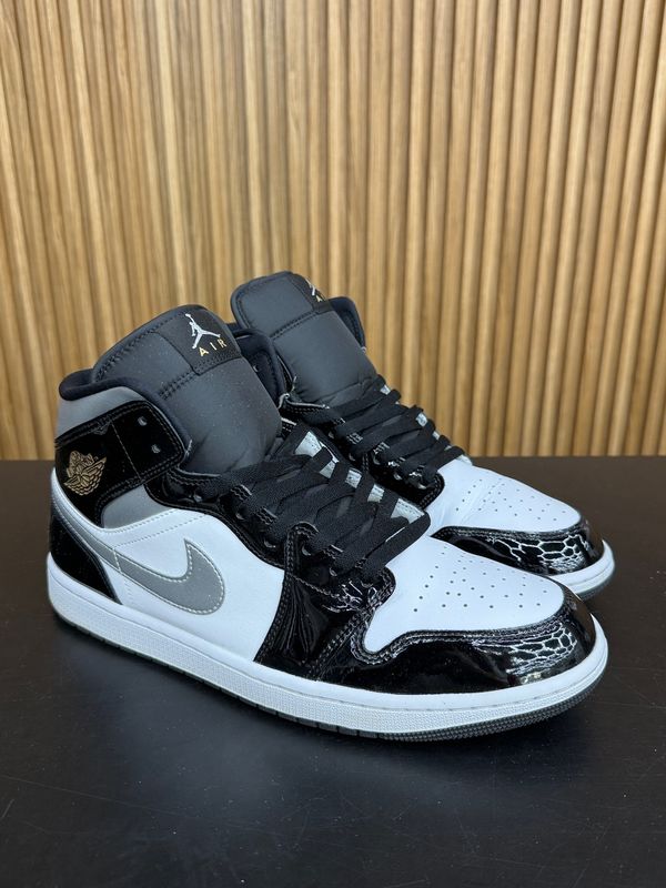 Jordan 1 Mid SE Patent Black White Metallic Silver Metallic Gold Size 12, PREOWNED NO BOX