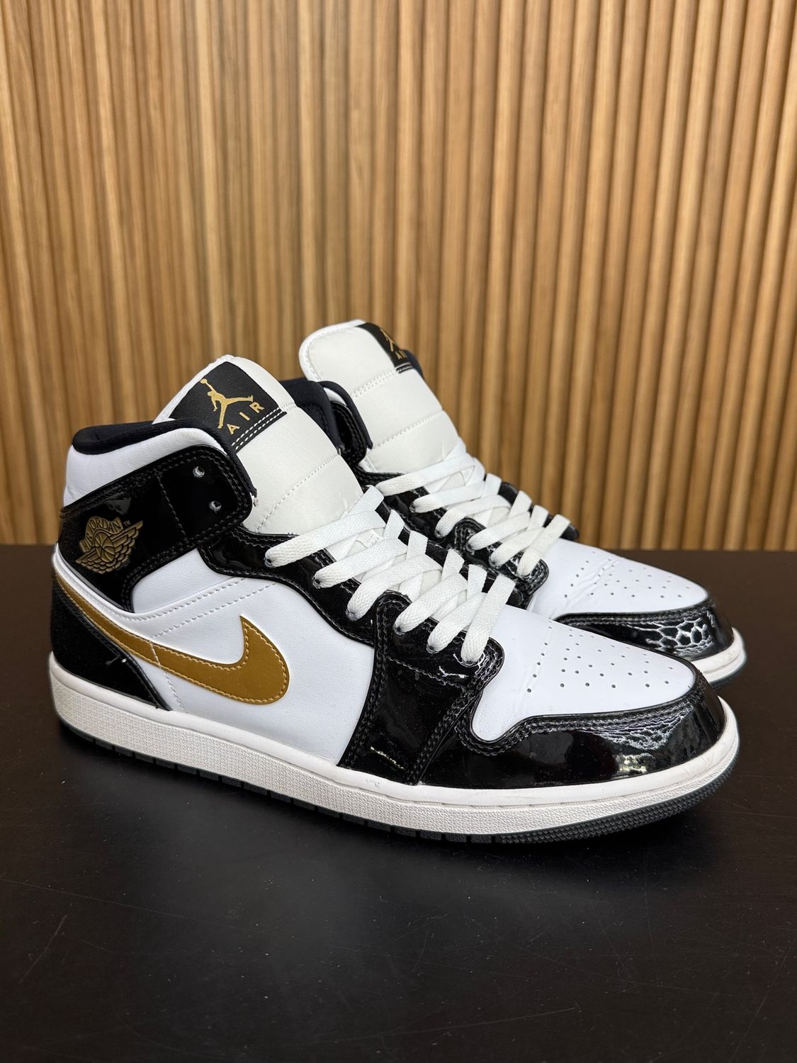 Jordan 1 Mid Pantent Black White Gold Size 11.5, PREOWNED NO BOX