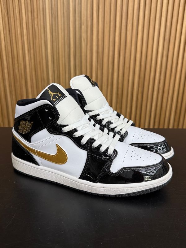 Jordan 1 Mid Pantent Black White Gold Size 11.5, PREOWNED NO BOX