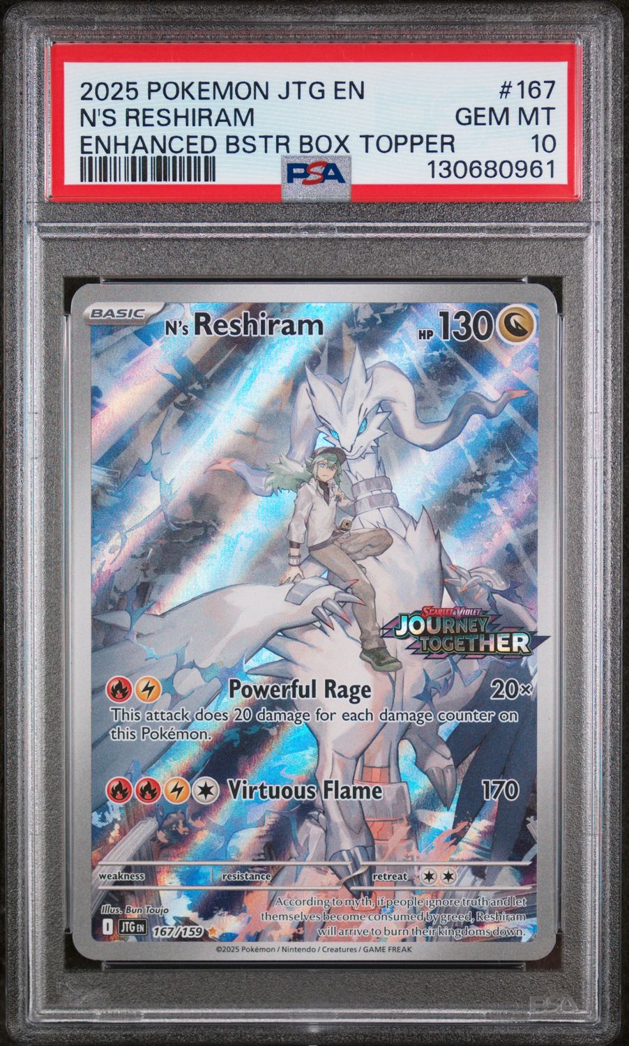 Pokemon 2025 Journey Together N's Reshiram #167 Box Topper PSA 10