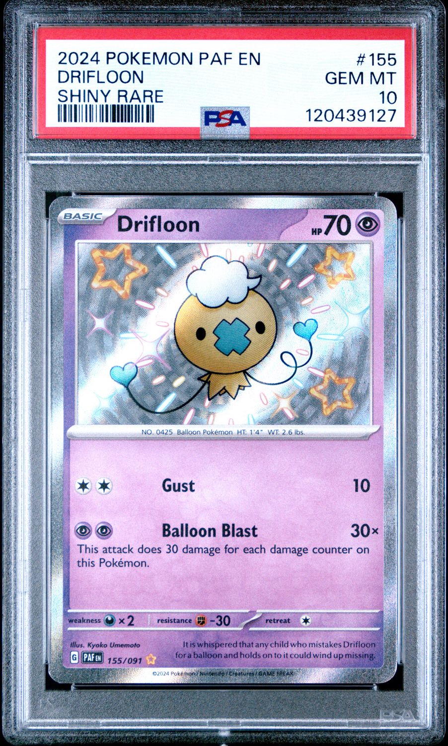 Pokemon 2024 Paldean Fates Drifloon #155 Shiny Rare PSA 10