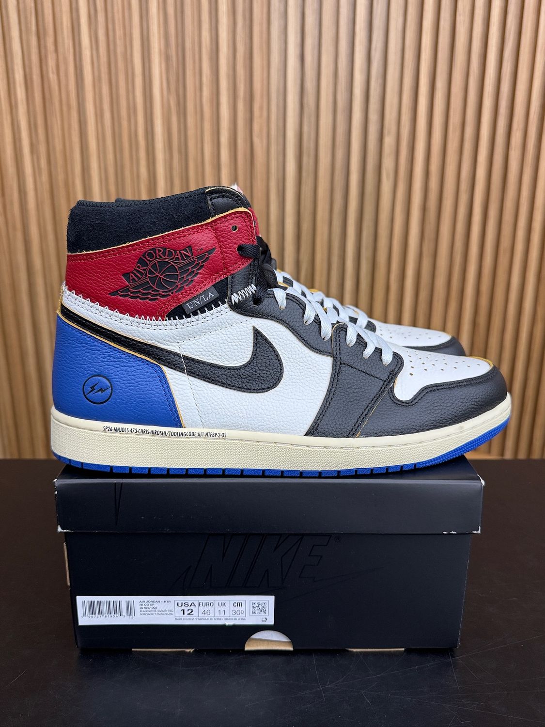 Jordan 1 Retro High OG SP Fragment x Union LA Varsity Red Sport Royal Size 12, PREOWNED*