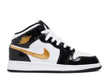 Jordan 1 Mid Patent Black White Gold (GS) Size 7, DS BRAND NEW