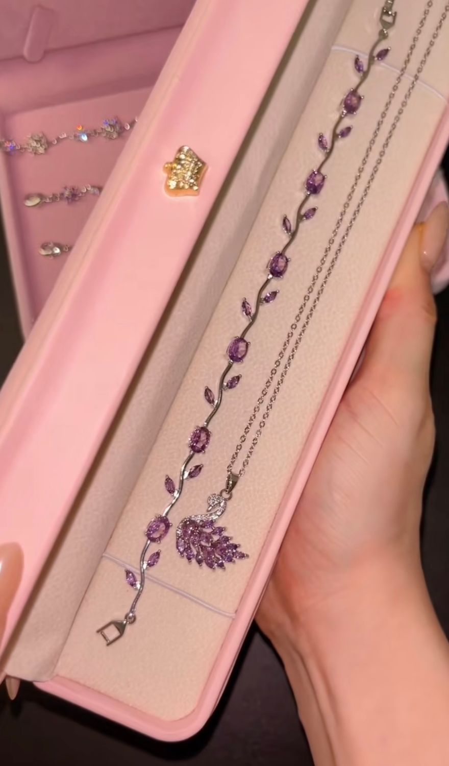 Purple Crystal Swan Necklace &amp; Floral Bracelet Set