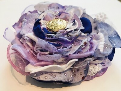 White and purple fabric flower hair pin