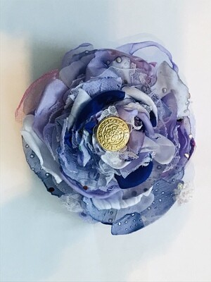 White and purple fabric flower hair pin