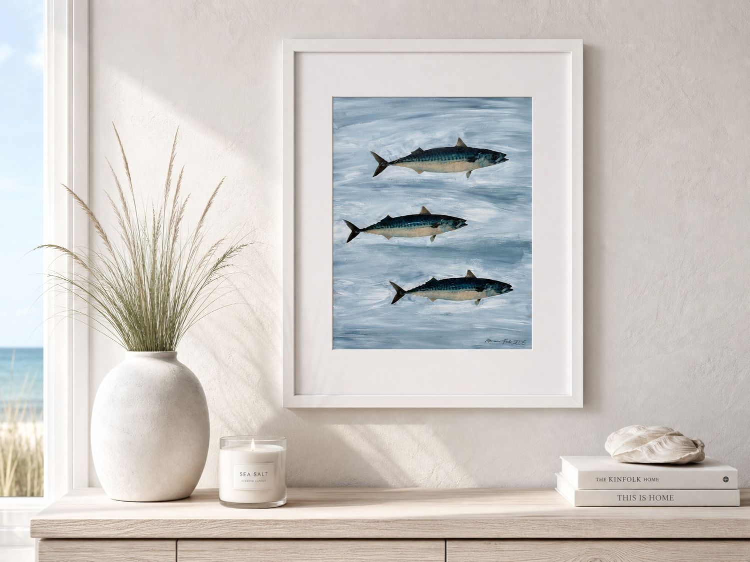 Makrelltrio – Stort Originalmaleri (1-av-1 unika) 52 x 72 cm