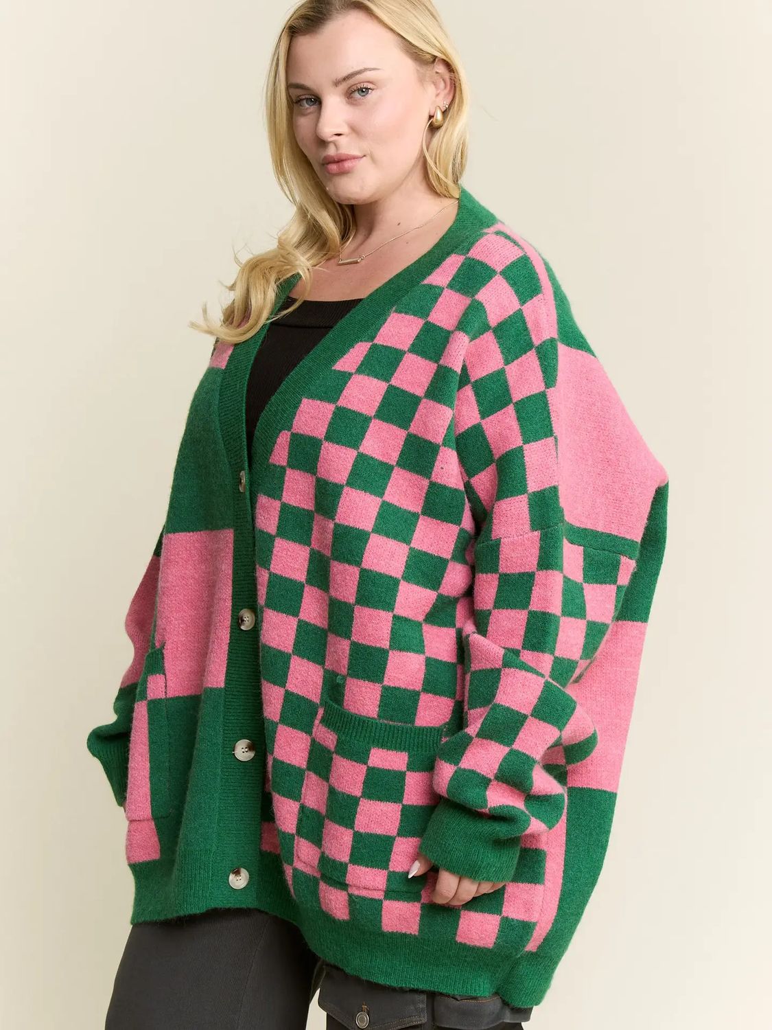 Geruite Overized vest met knopen GREEN/PINK - mt. XL-3XL