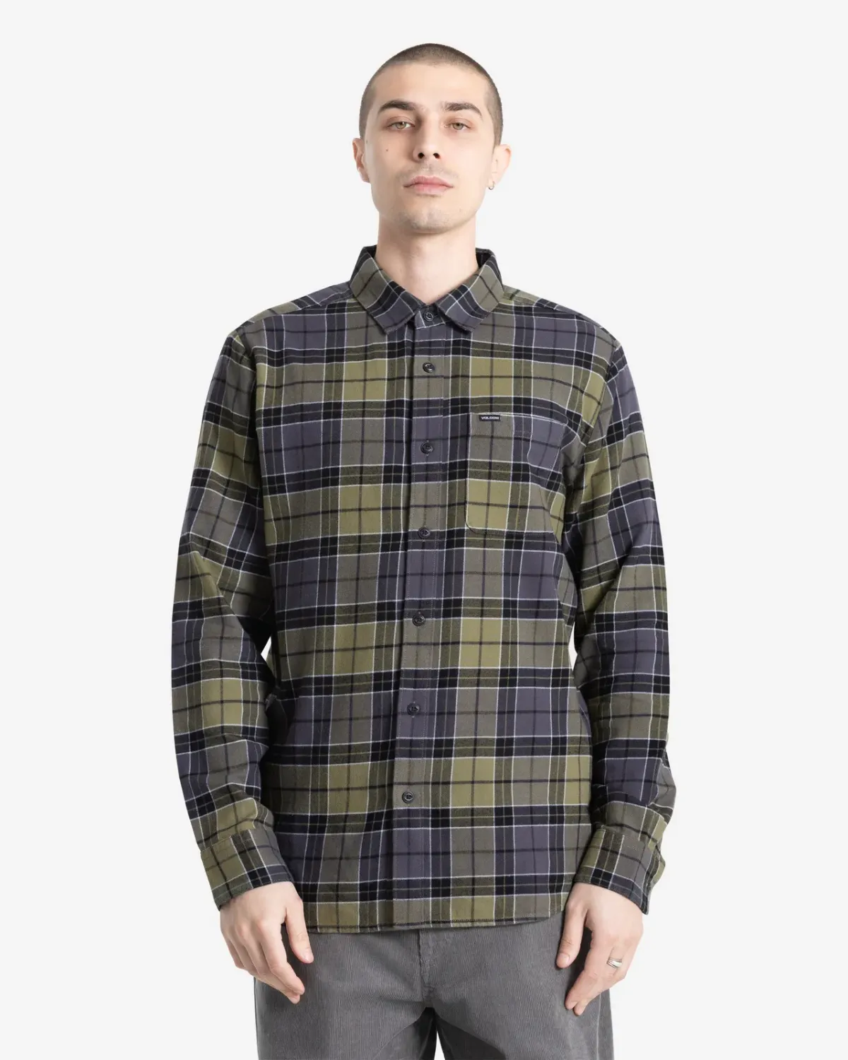 Volcom Men's Caden Plaid Long Sleeve Shirt, Color: Dark Olive, Size: L