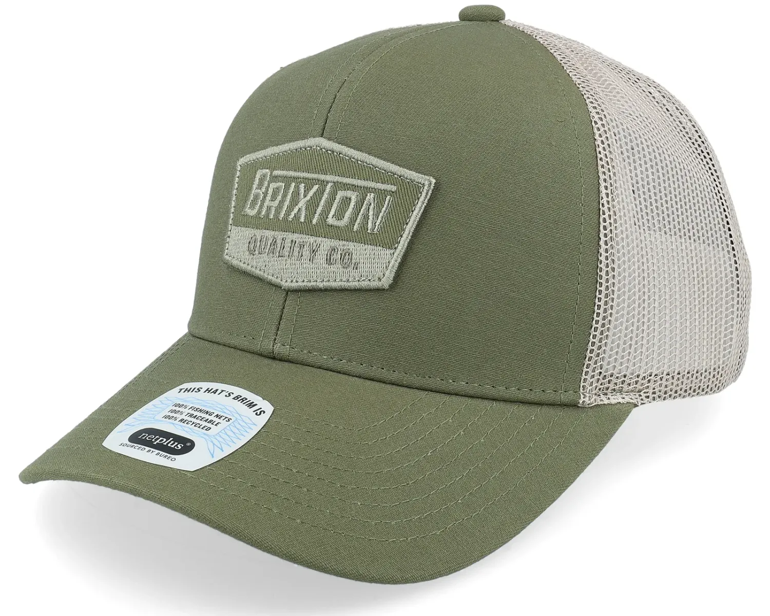 Brixton Regal Netplus Trucker Hat in Olive Surplus Sand, front view