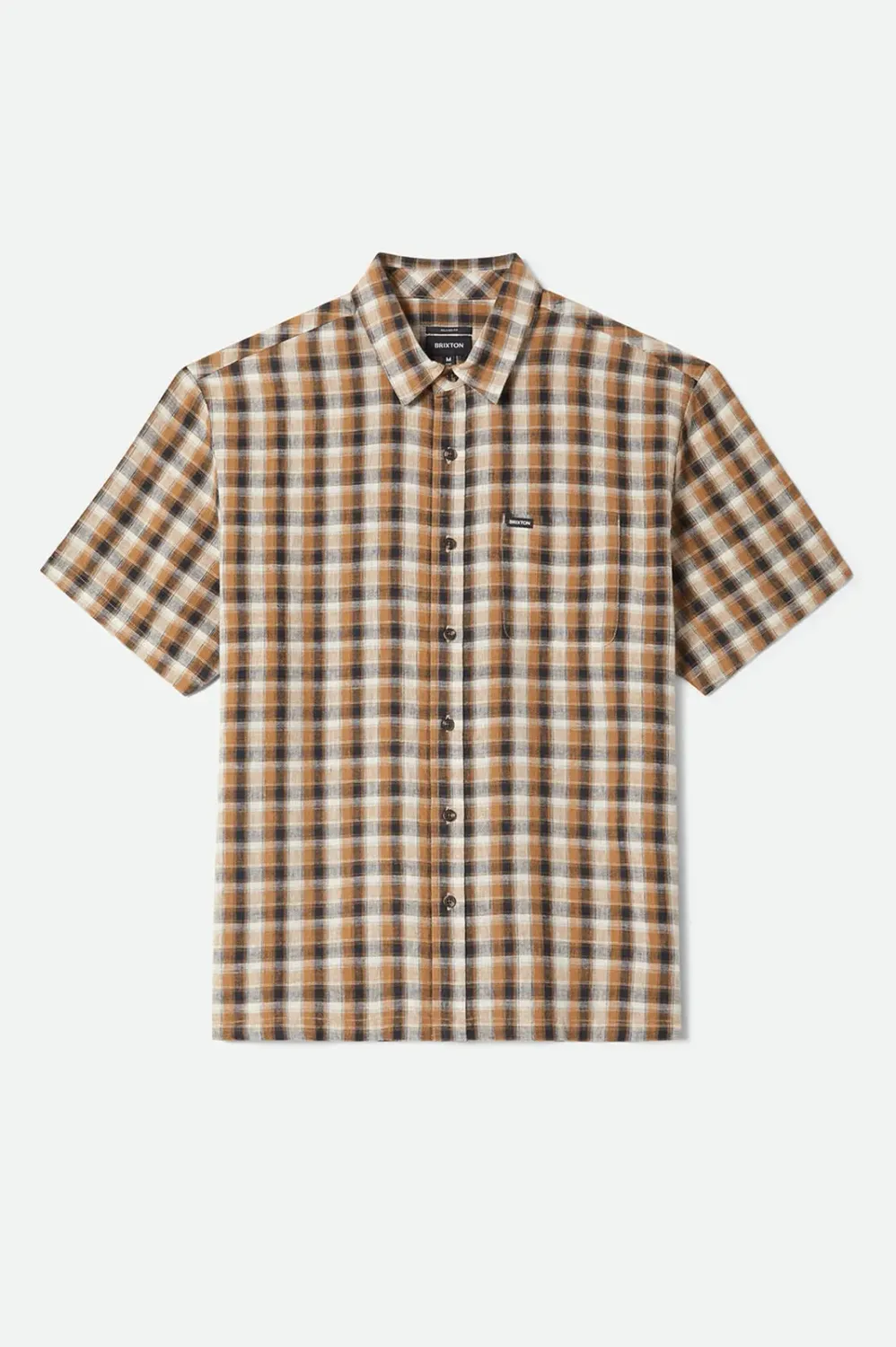 Brixton Men's Cru Linen Blend Plaid Short Sleeve Shirt, Color: Black/Tobacco, Size: XL