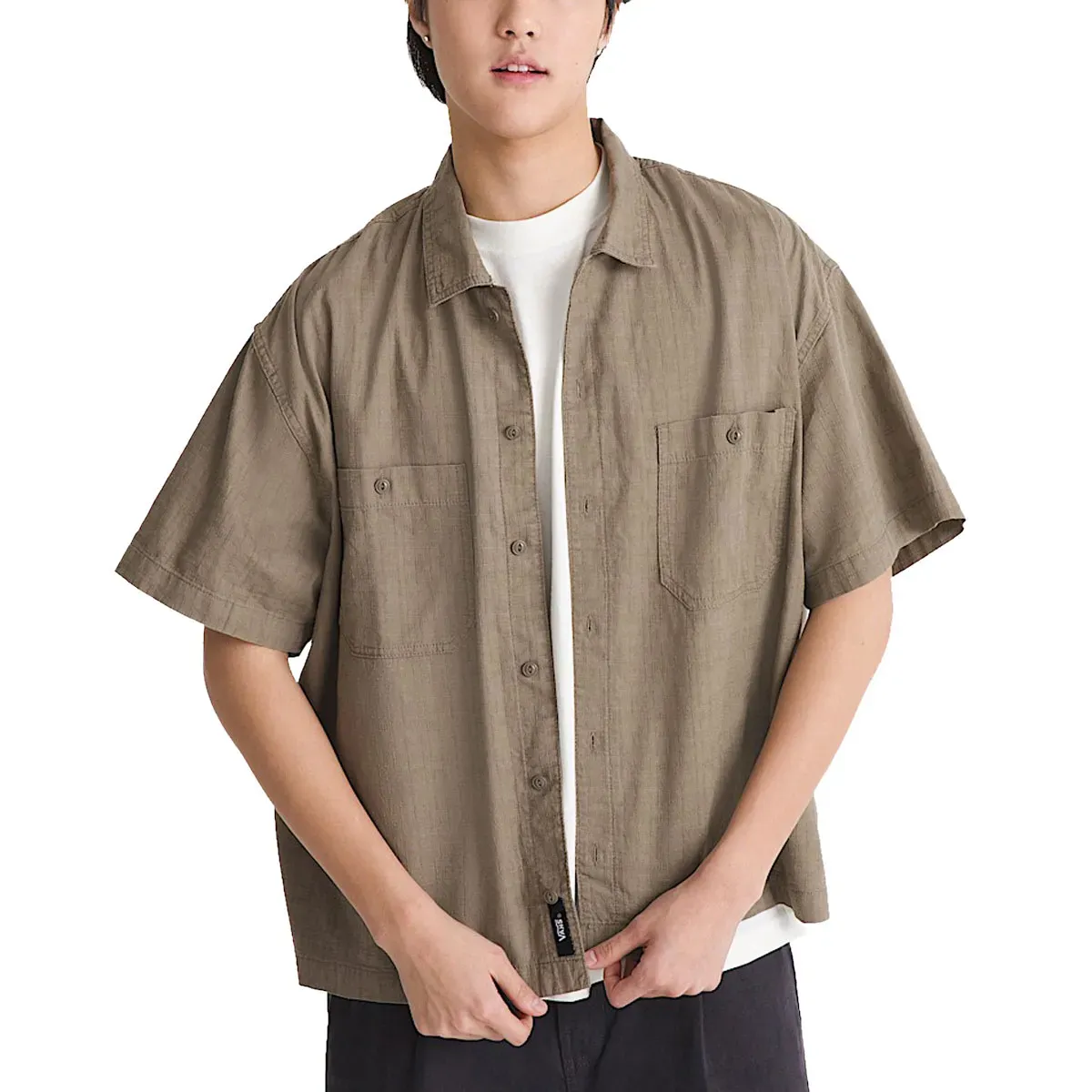 Vans Men's Larkspur Textured Solid Short Sleeve Shirt, Color: Bungee, Size: M