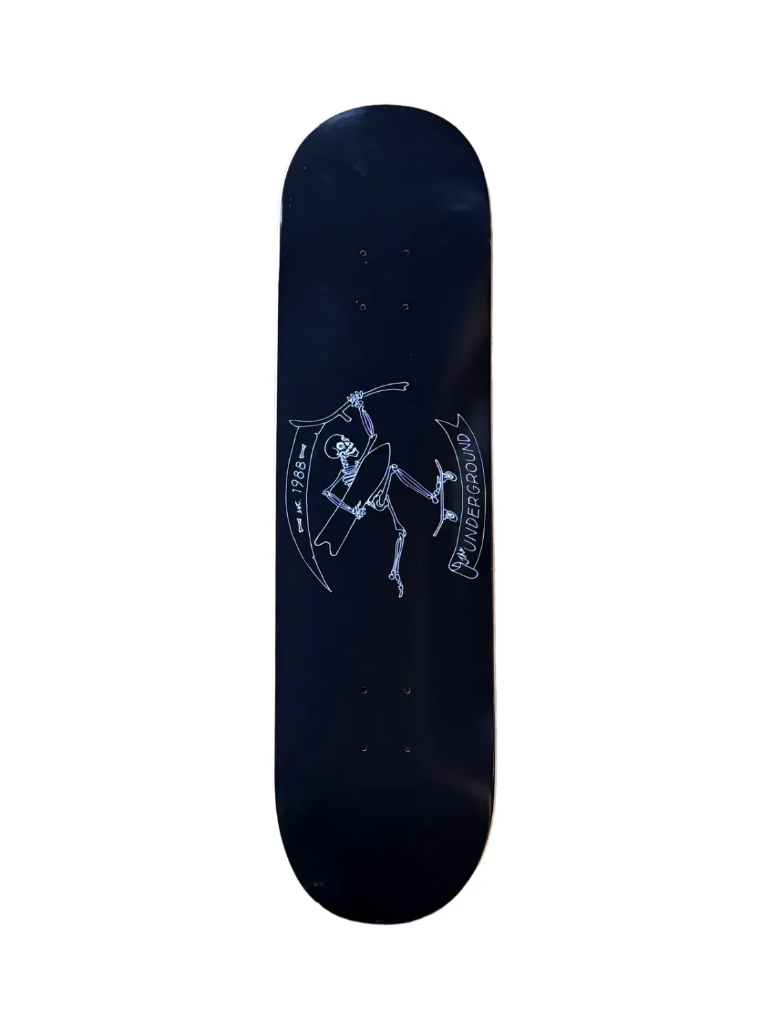 Underground Skeleton Shop skateboard deck in black, skeleton graphic