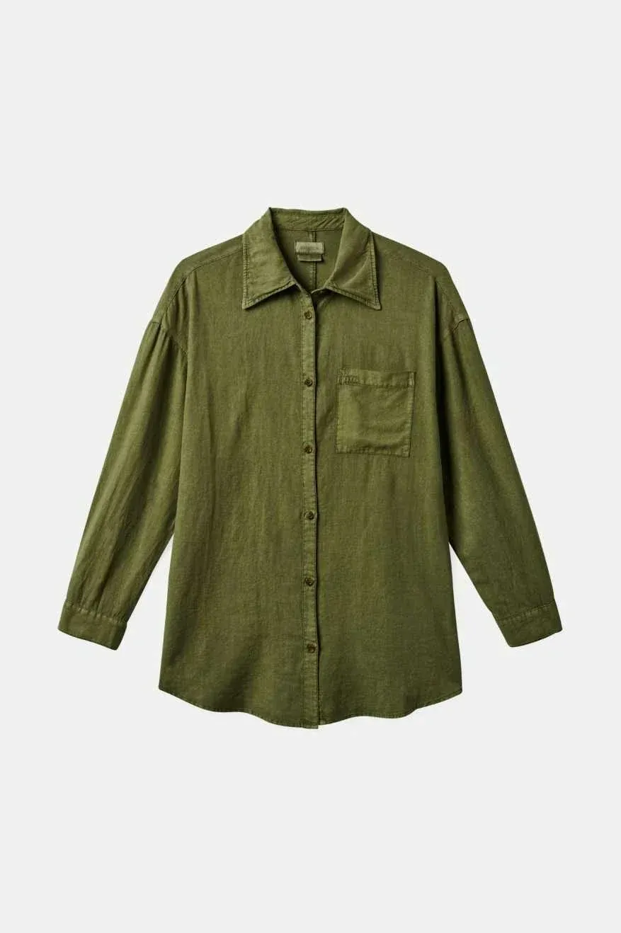 Brixton Women's Vintage Linen Long Sleeve Shirtdress, Color: Sea Kelp, Size: M