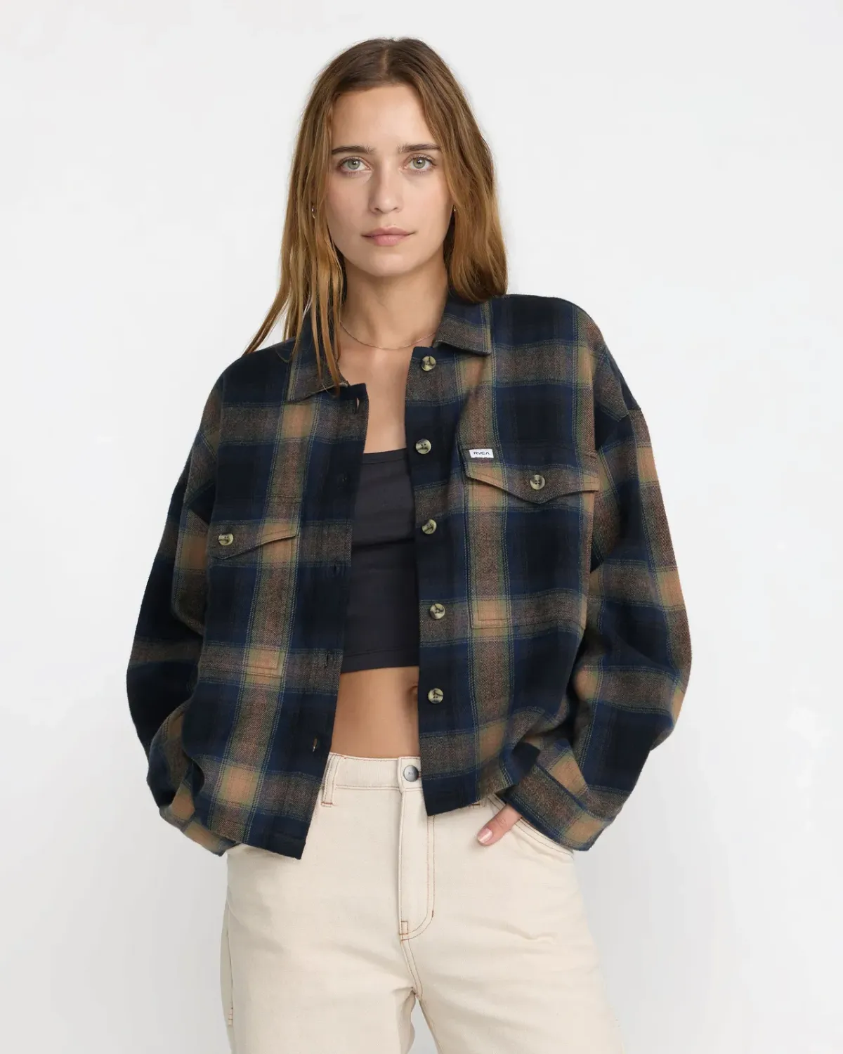 RVCA Women's Bonito Boxy Flannel Shirt, Color: Black, Size: XS