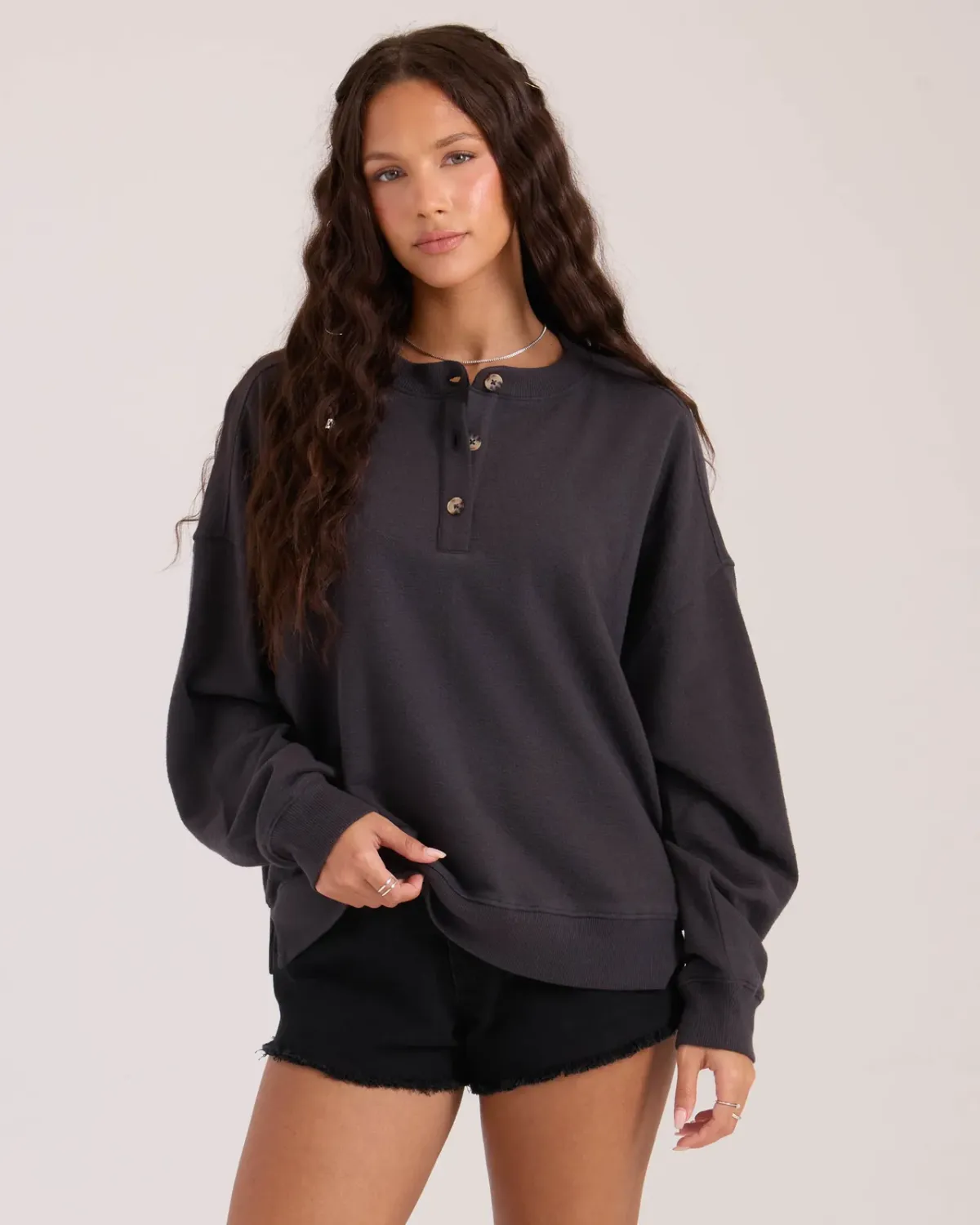 Volcom Women's Lived In Fleece Henley, Color: Vintage Black, Size: S