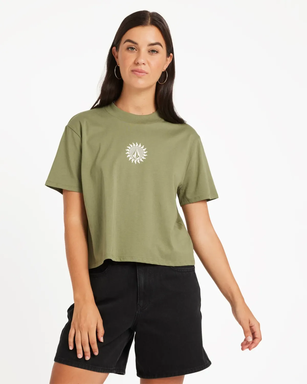Volcom Women's Dial Crop Tee, Color: Moss Stone, Size: S