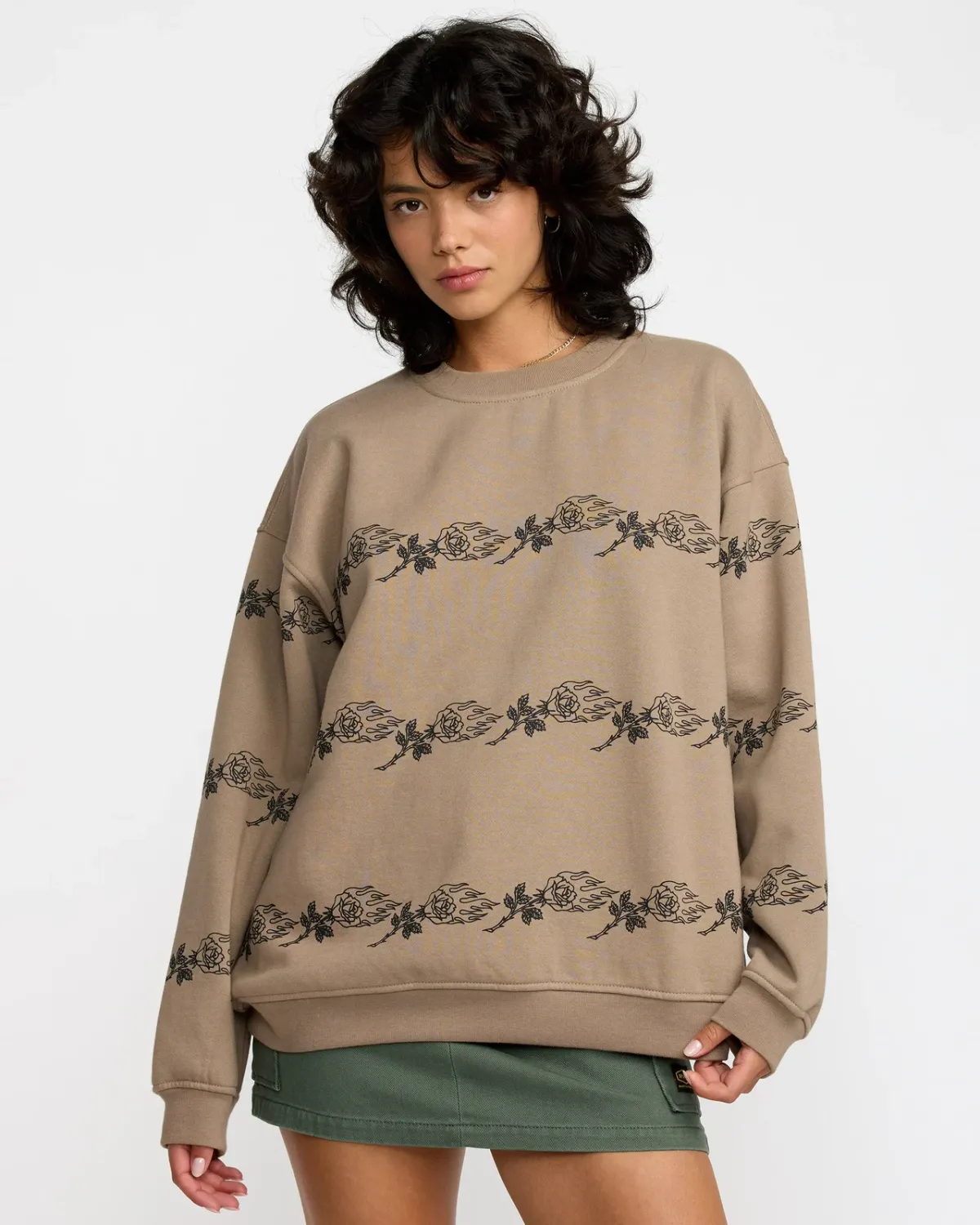 RVCA Women's ANP Spanky Boyfriend Crew Sweatshirt, Color: Desert Taupe, Size: S