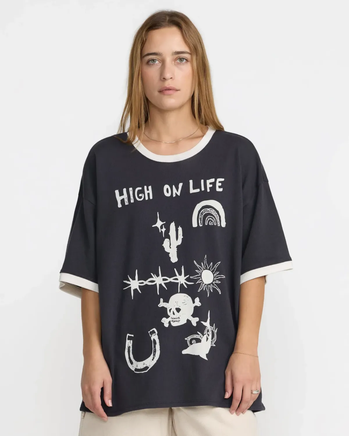 RVCA Women's Dani Miller Oversized Ringer Tee, Color: Washed Black, Size: XS