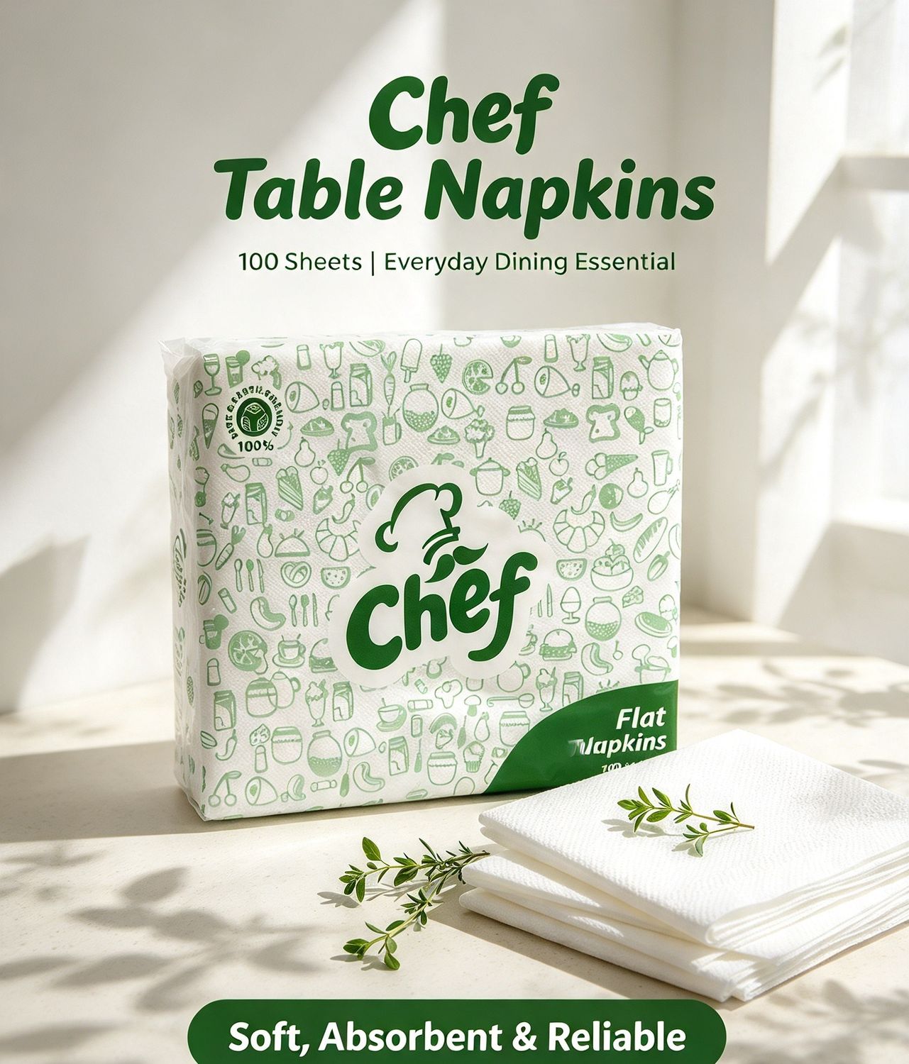 Chef FLAT TABLE NAPKINS 100 Sheets - TNMG 32/100 1 ply