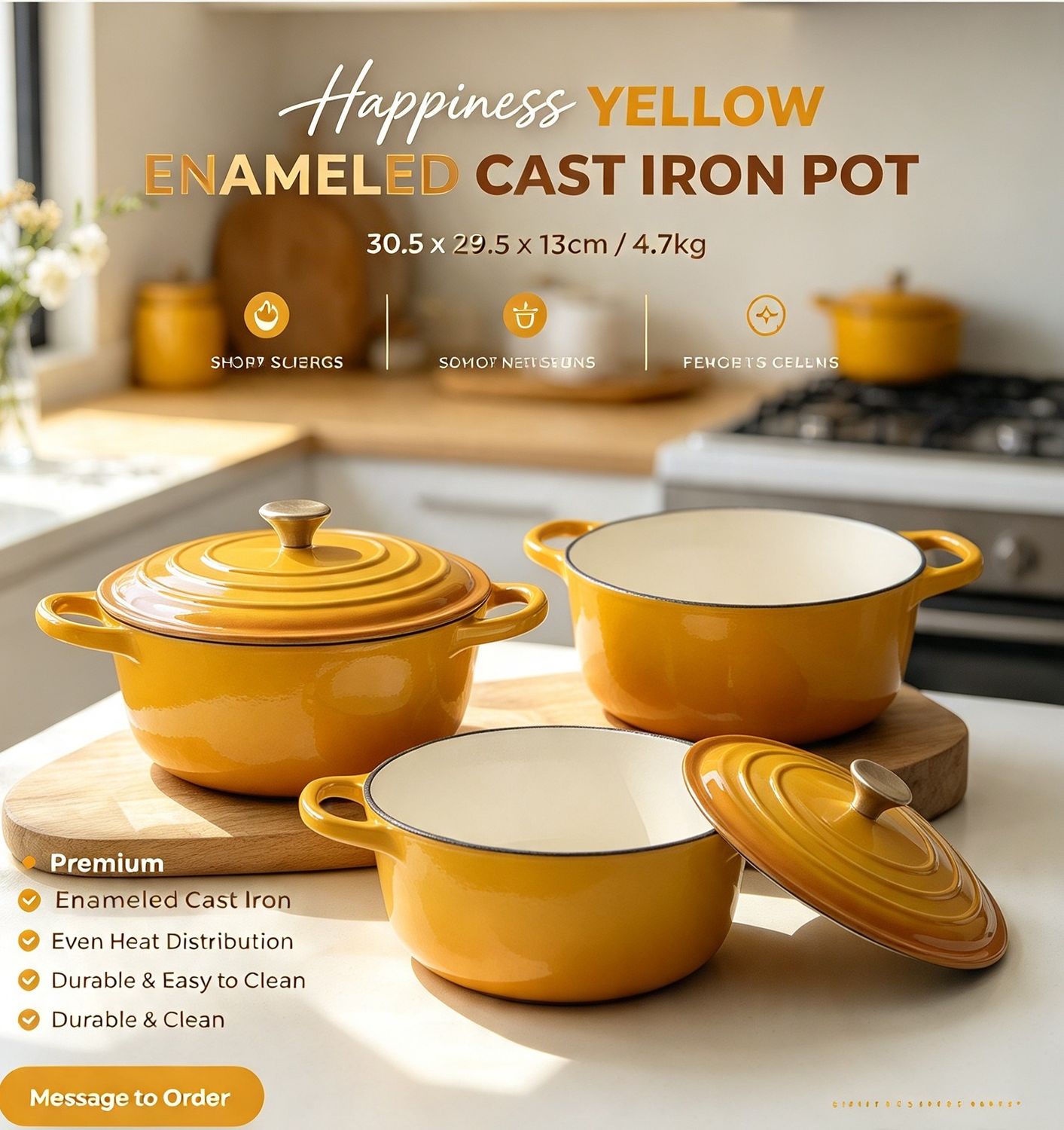 Happiness YELLOW ENAMELED CAST IRON POT - 30.5 x 29.5 x 13cm / 4.7kg