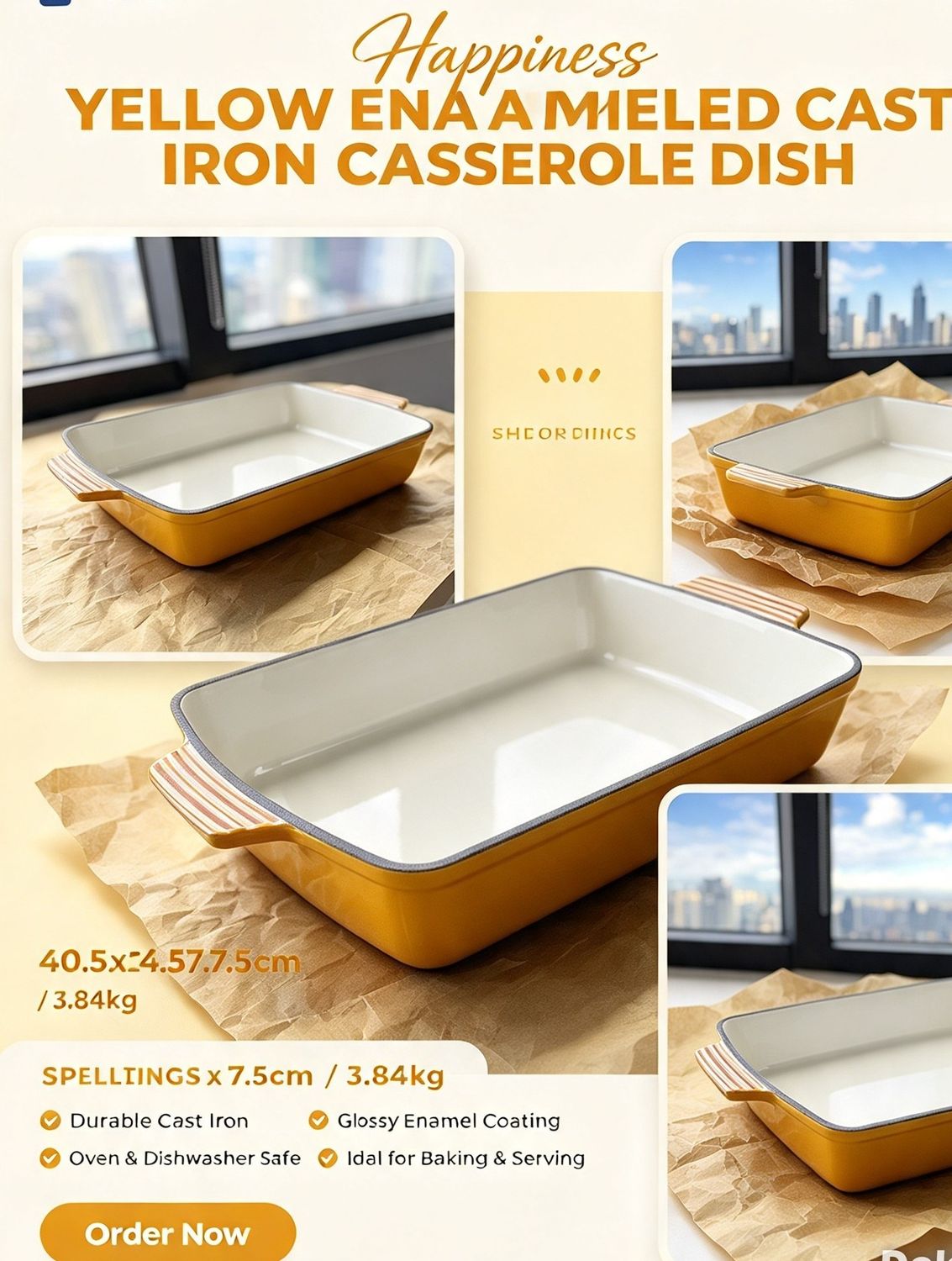 Happiness YELLOW ENAMELED CAST IRON CASSEROLE DISH - 40.5x24.5x7.5cm / 3.84kg